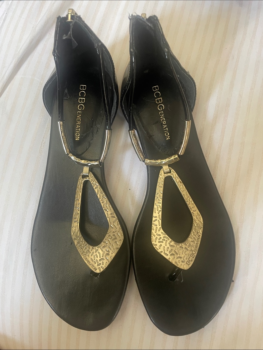 BCBGeneration Black Sandals with Gold Hardware